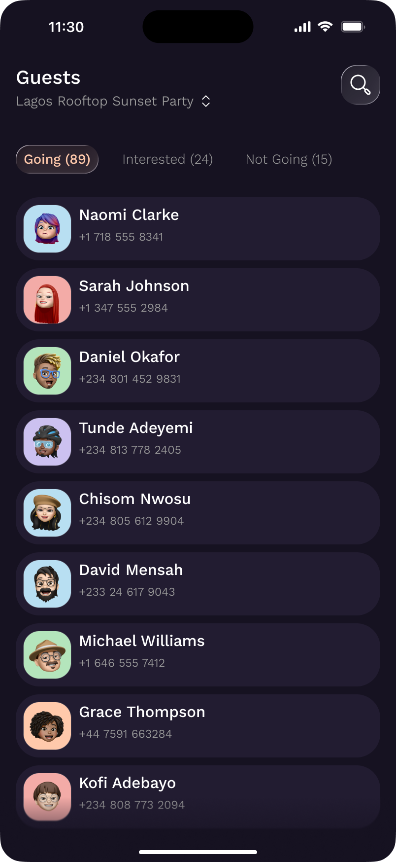 Guest list screen