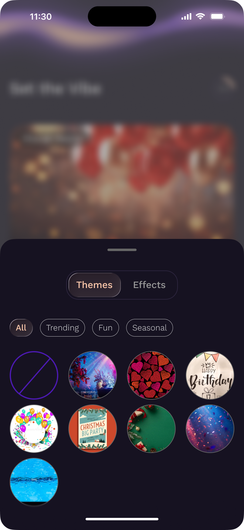 Themes and effects screen